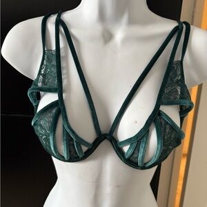 Lace and Velvet Strappy Open Cup Bra in Deep Teal